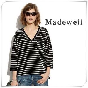Madewell V-Neck Stripe Quarter Sleeve Loose Fit Shirt Black & White Style A2686
